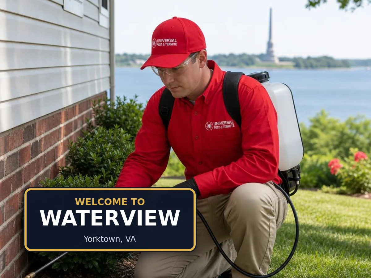 Universal Pest & Termite technician treating a home in the Waterview neighborhood of Yorktown, VA
