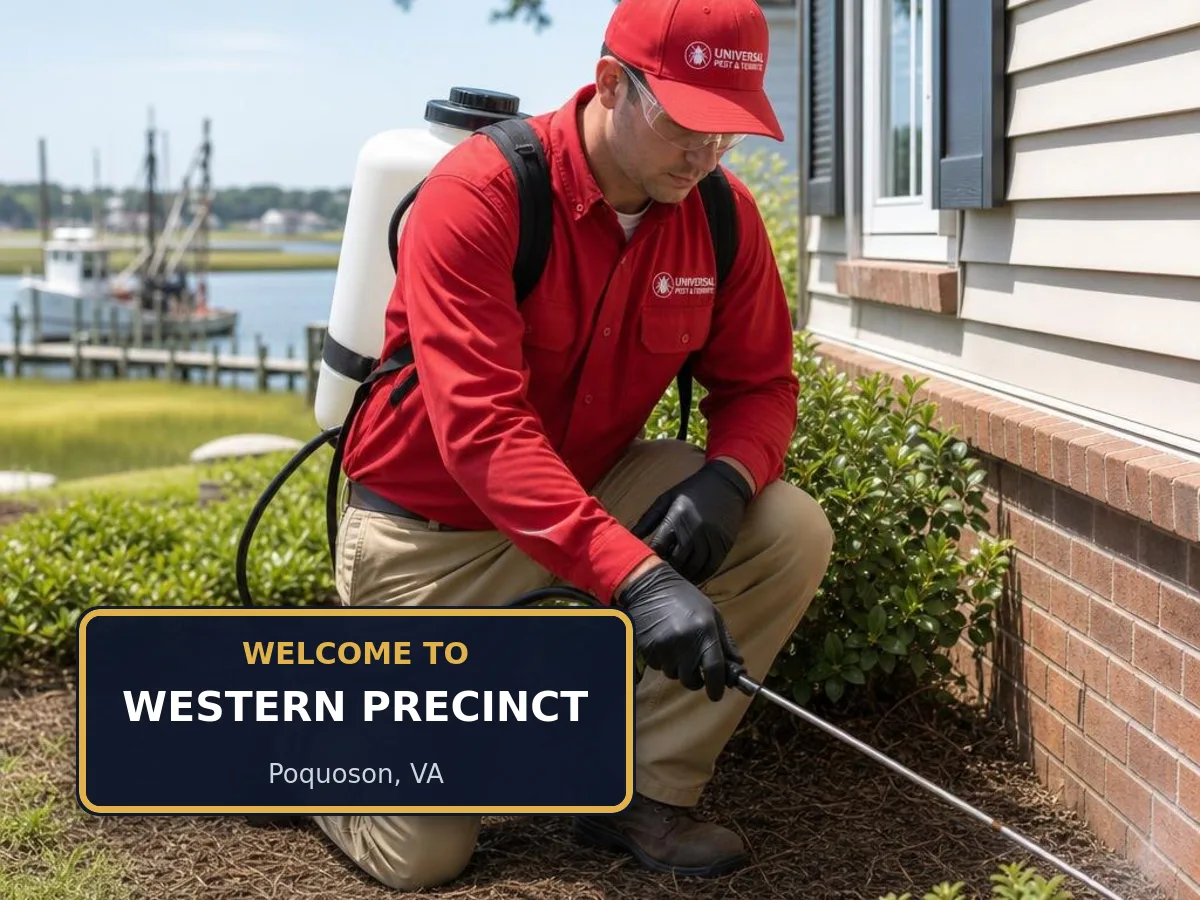 Universal Pest & Termite technician treating a home in the Western Precinct neighborhood of Poquoson, VA