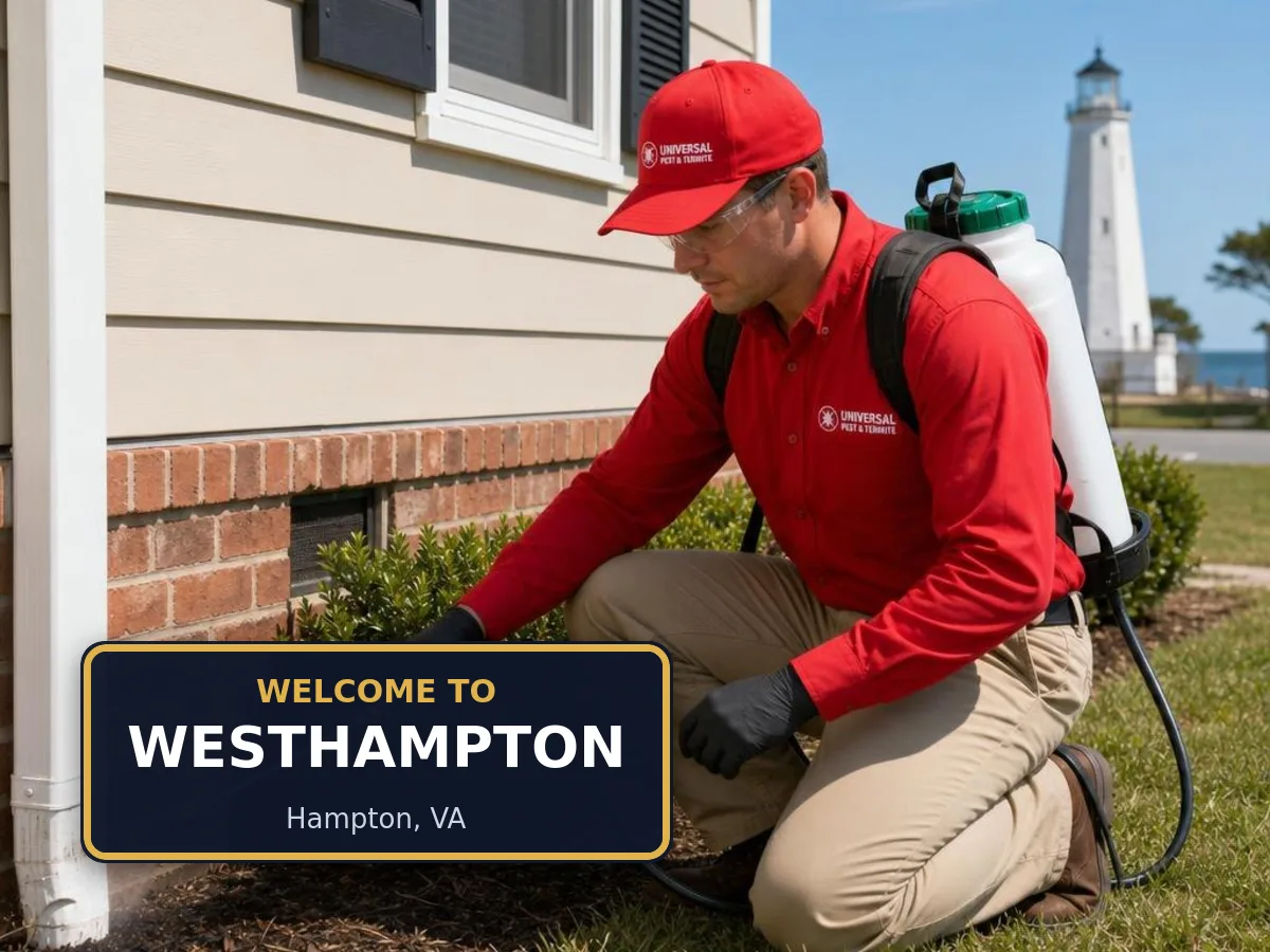 Universal Pest & Termite technician treating a home in Westhampton, Hampton, VA, beside a "Welcome to Westhampton" sign