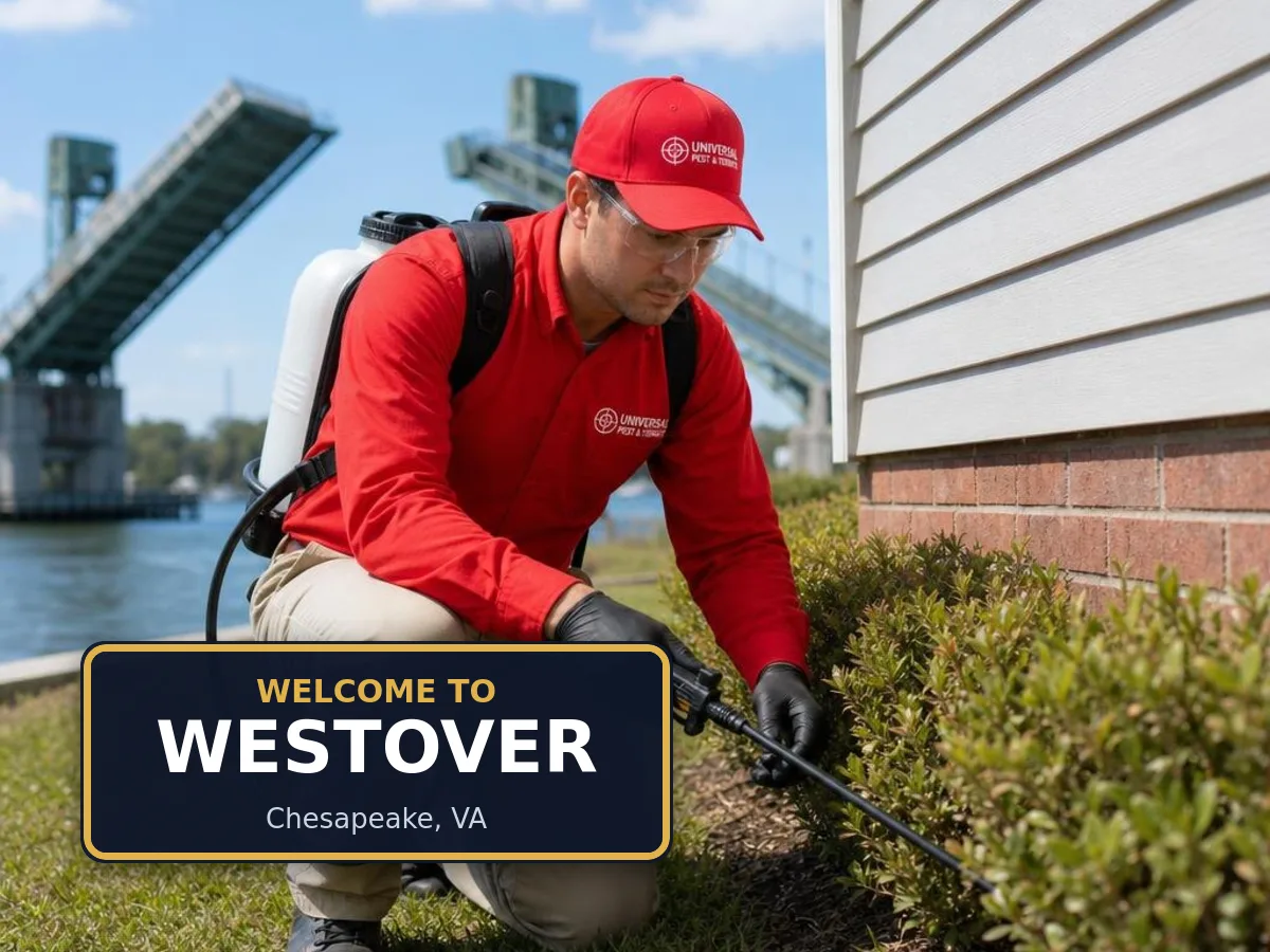 Universal Pest & Termite technician treating a home in Westover, Chesapeake, VA, beside a "Welcome to Westover" sign