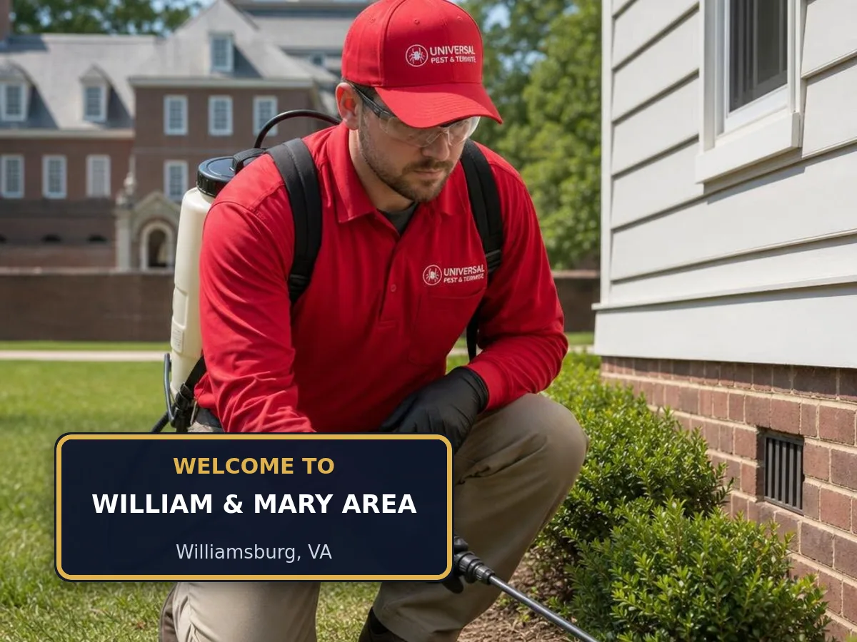 Universal Pest & Termite technician treating a home in William & Mary Area, Williamsburg, VA, beside a "Welcome to William & Mary Area" sign