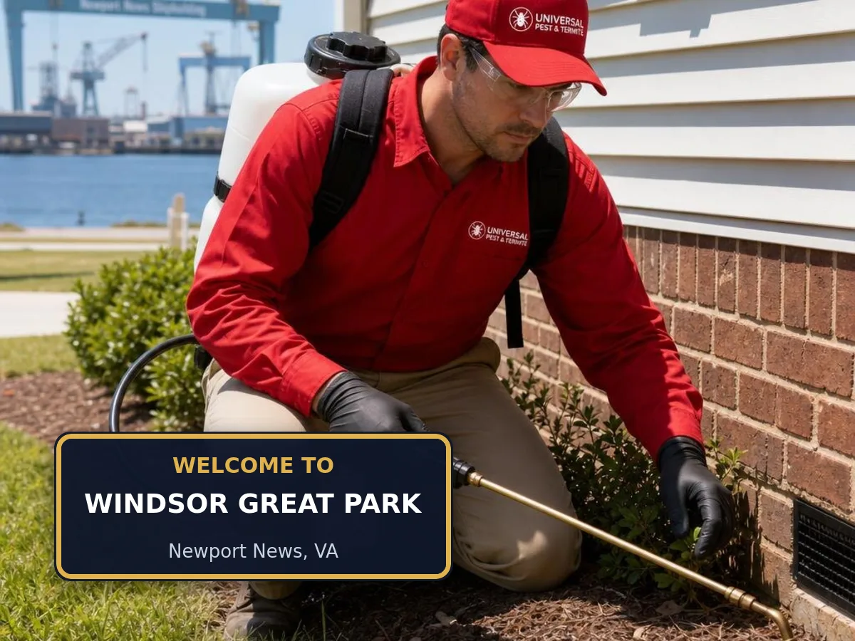 Universal Pest & Termite technician treating a home in Windsor Great Park, Newport News, VA, beside a "Welcome to Windsor Great Park" sign