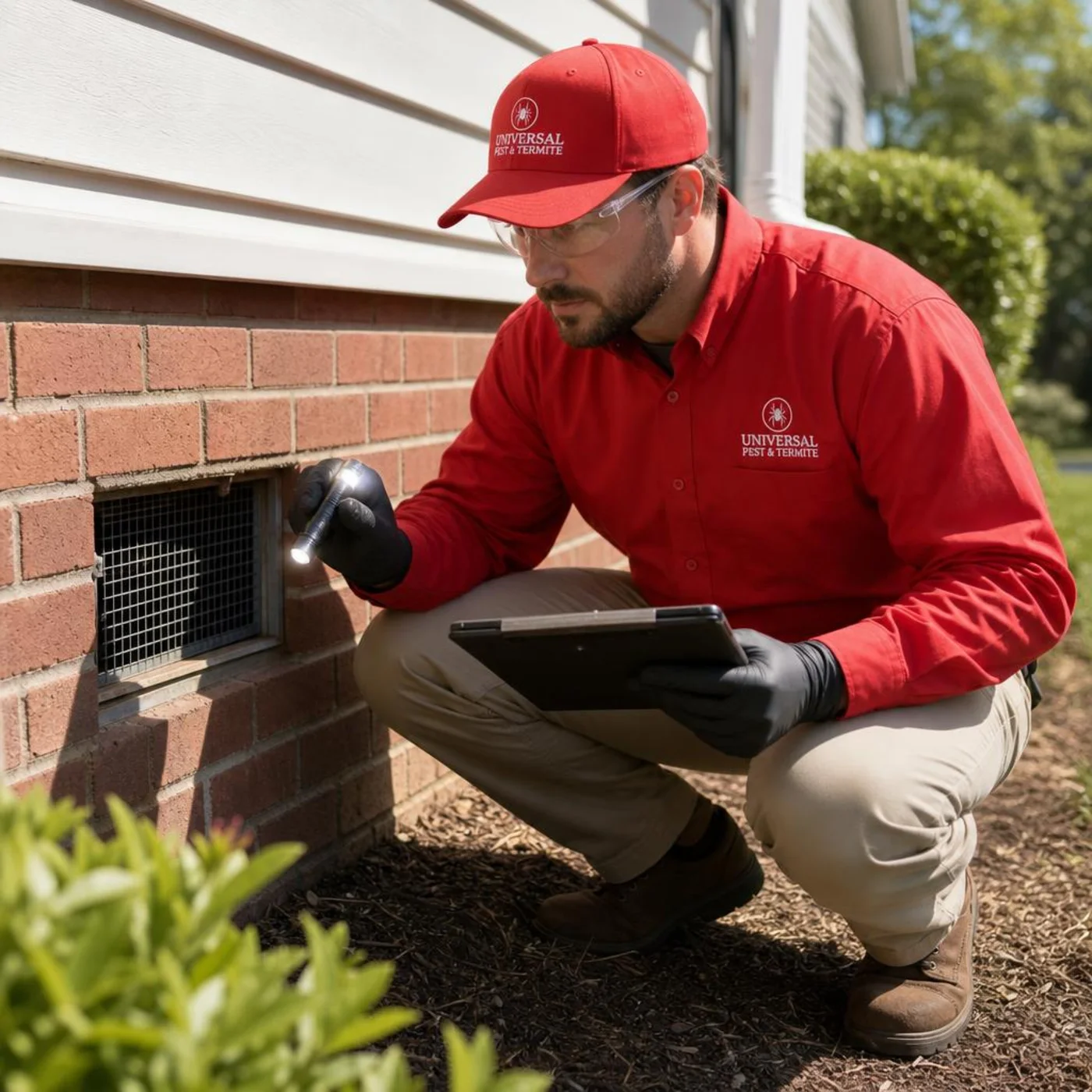 Universal Pest & Termite technician inspecting the foundation perimeter of a Hampton Roads home with a flashlight