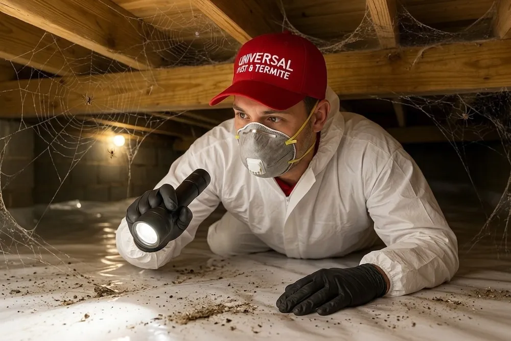 A Universal Pest & Termite inspector in coveralls and a respirator shining a flashlight through a home's crawl space during a termite inspection