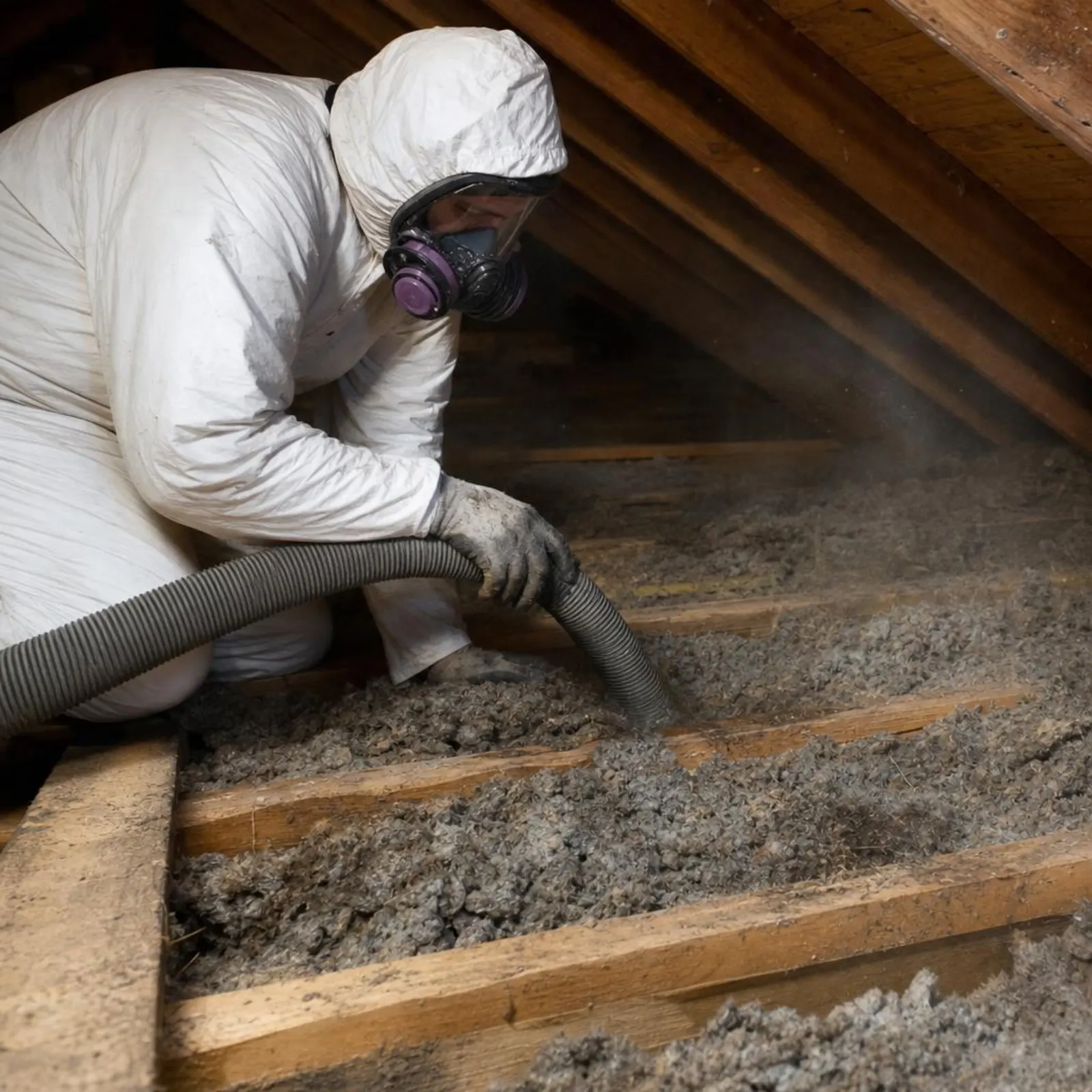 A technician in a protective suit and respirator vacuuming soiled, matted insulation from an attic floor with a wide extraction hose.