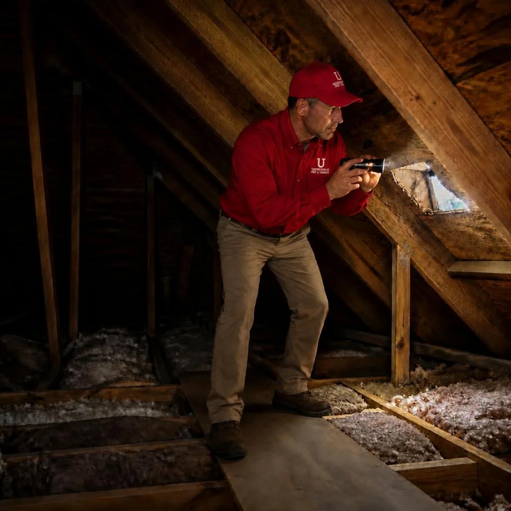 Inspector in a red Universal Pest & Termite uniform checking a squirrel-gnawed soffit opening with a flashlight