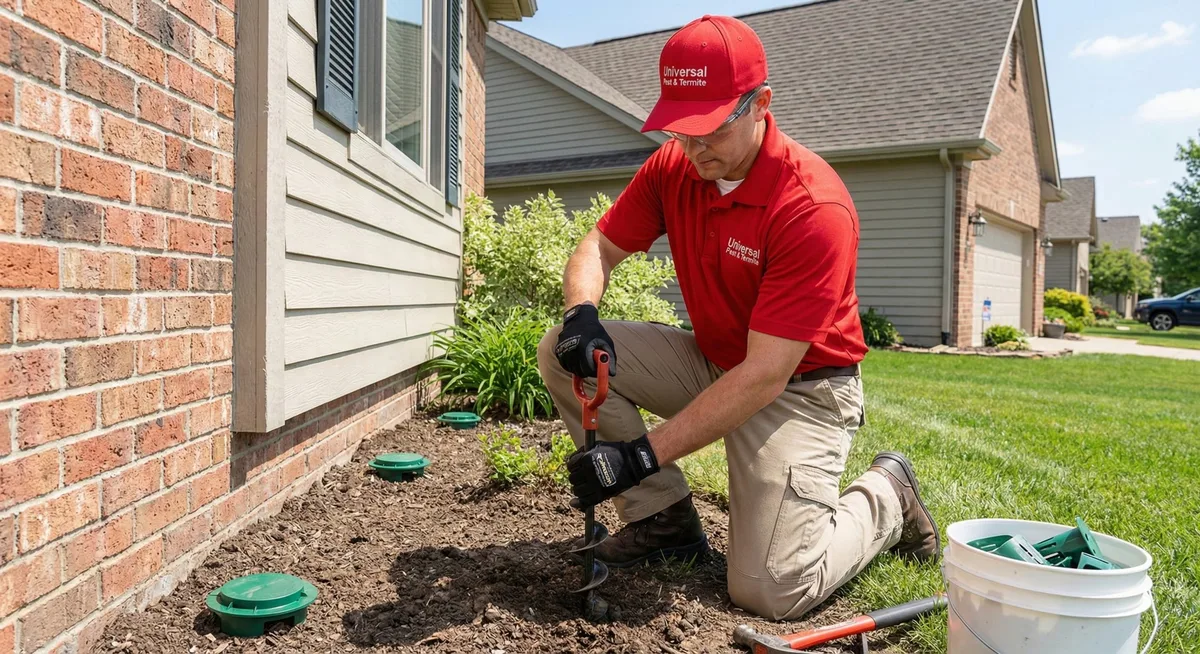 Universal Pest & Termite technician kneeling in a mulch bed installing green in-ground termite bait stations along the brick foundation of a Hampton Roads home