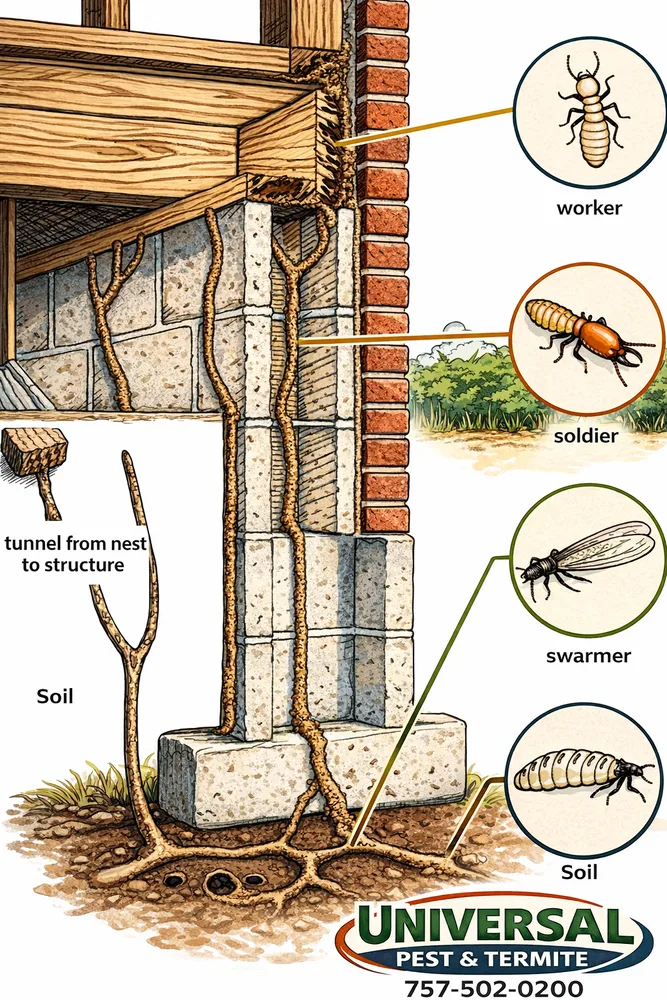 Cutaway diagram of subterranean termite mud tubes rising from the soil up a home's foundation into the wood framing, with worker, soldier, and swarmer castes labeled