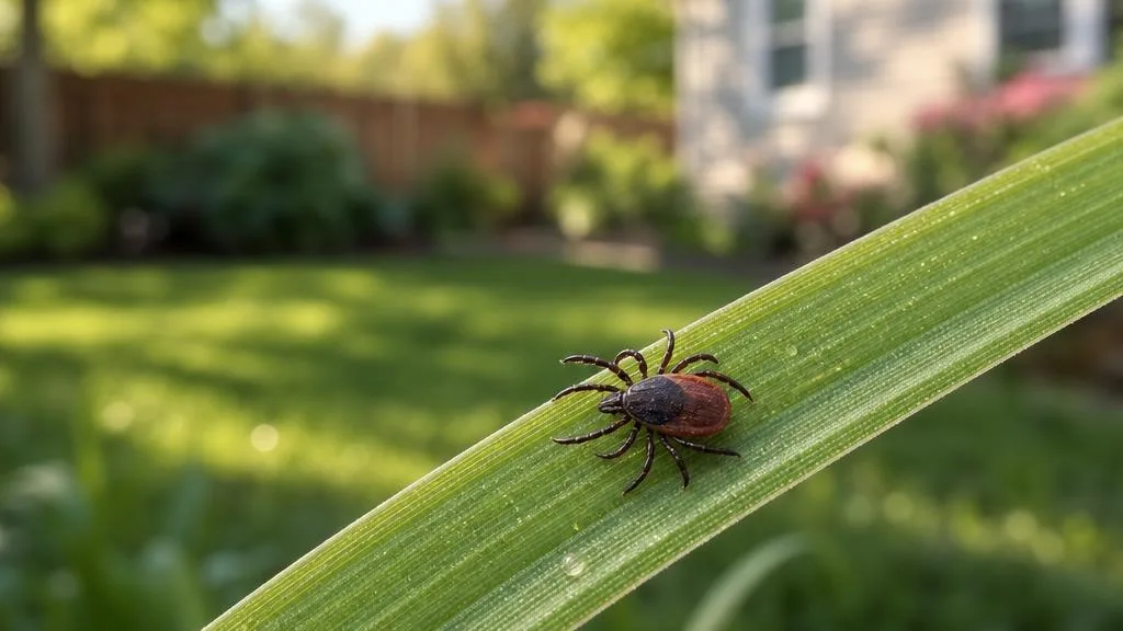 Close-up of a deer tick on a blade of grass in a Hampton Roads backyard treated by Universal Pest
