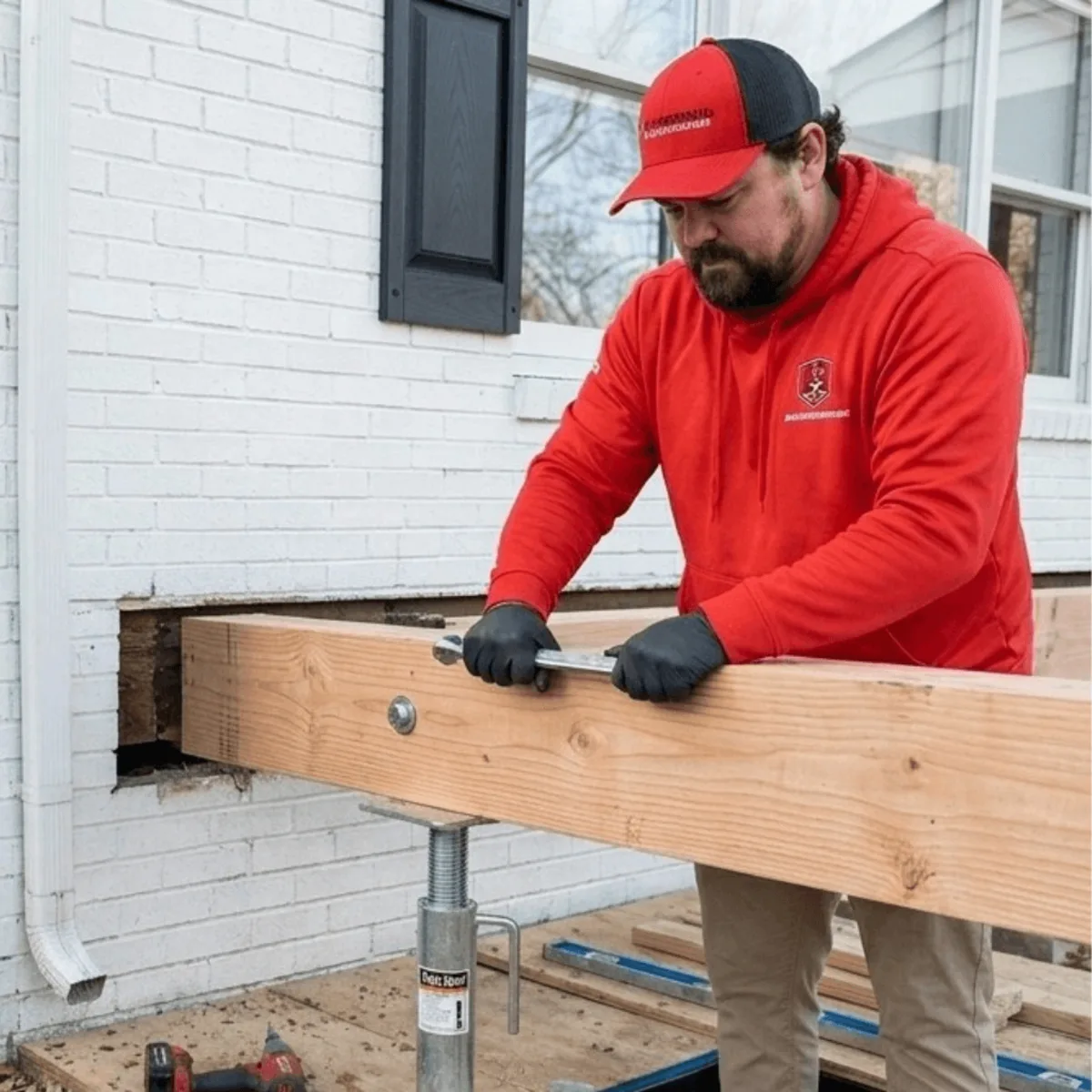 Universal Pest & Termite technician adjusting a steel Uni-Jack support column beneath a wood beam at a Hampton Roads home