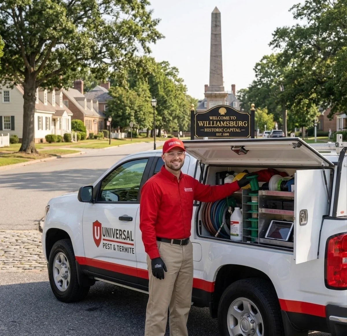 Smiling Universal Pest & Termite technician by the branded company service truck at the Welcome to Williamsburg, Historic Capital sign, with the Colonial Williamsburg monument and historic homes behind him
