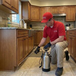 Exterminator kneeling, spraying kitchen cabinets for pests in Hampton Roads
