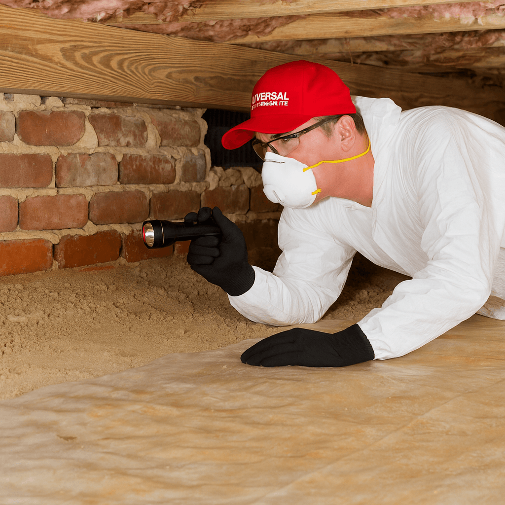 Home inspector examining crawlspace with flashlight