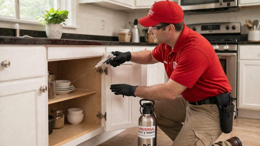 Professional Universal Pest & Termite technician wearing a red uniform, safety glasses, and black gloves, performing a precision ant baiting treatment inside a kitchen cabinet to protect a home in the Hampton Roads area.