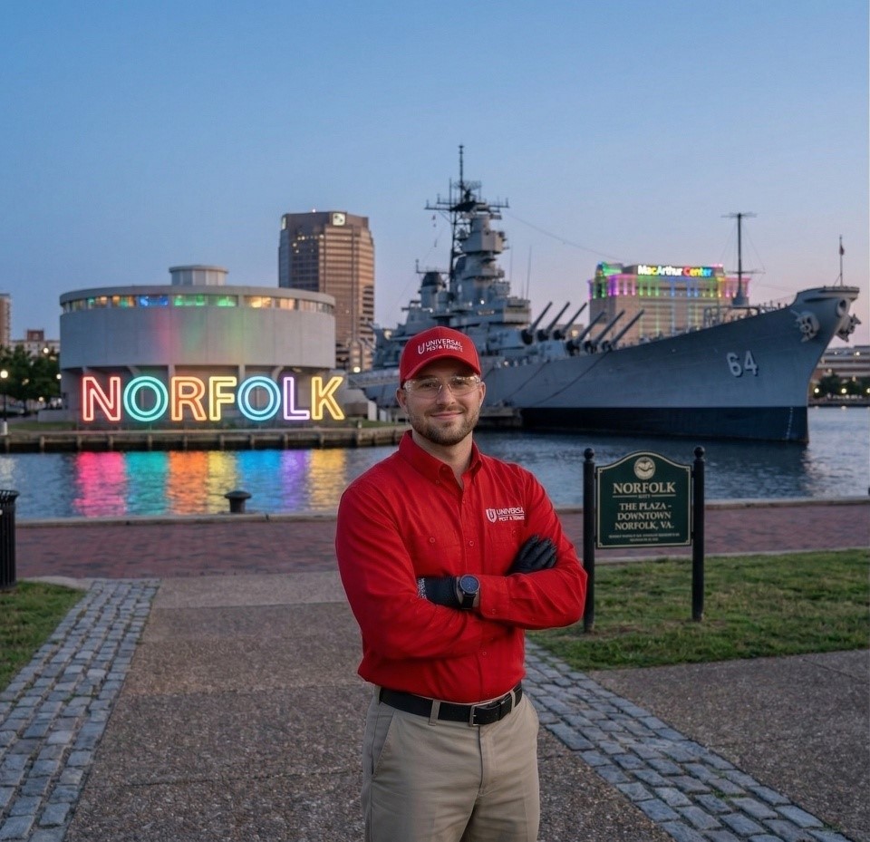 A professional pest control technician standing at the Norfolk waterfront at dusk, wearing a red "Universal Pest & Termite" long-sleeve uniform, red hat, safety glasses, and black gloves. He has his arms crossed and is smiling. The background features the iconic glowing "NORFOLK" neon sign, the USS Wisconsin battleship, and the downtown skyline, including the MacArthur Center.