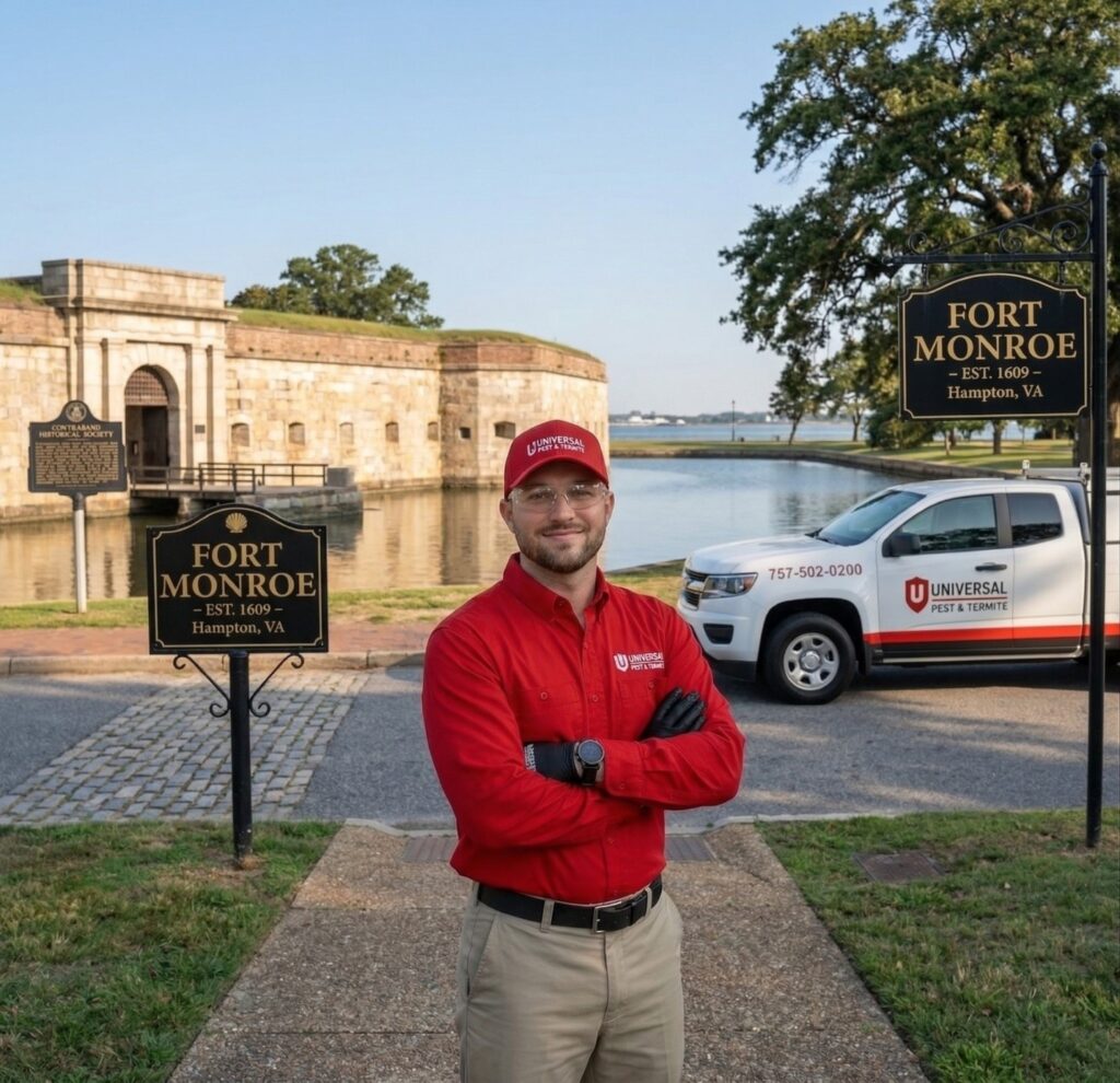 A professional pest control technician from Universal Pest & Termite standing confidently with arms crossed in front of the historic Fort Monroe in Hampton, Virginia. He is wearing a red branded uniform shirt, a matching hat, and safety glasses. A white company service truck with the "Universal" logo and a 757 area code phone number is parked nearby, with the stone fortress and moat visible in the background.