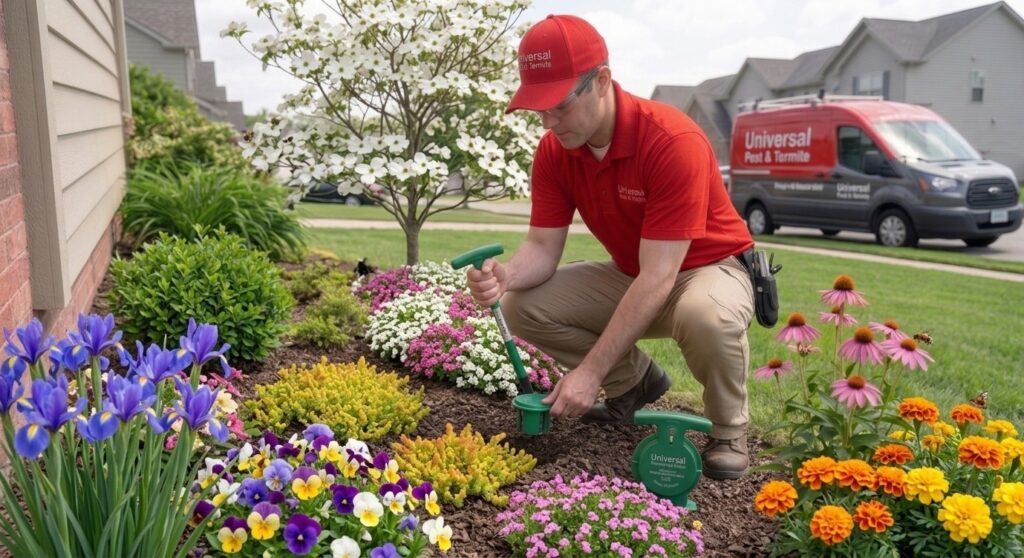 A professional Universal Pest & Termite technician in a red uniform and hat installs a Sentricon termite baiting station into a vibrant spring garden bed in front of a residential home. In the background, a branded Universal Pest & Termite service van is parked on a suburban street in Hampton Roads, surrounded by blooming flowers and a flowering dogwood tree.