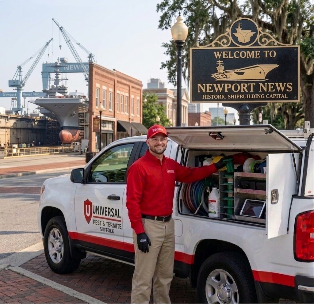 A Universal Pest & Termite technician prepares for an ant control service in front of the iconic "Welcome to Newport News" sign. Standing with a fully equipped branded service truck in the heart of the Historic Shipbuilding Capital, the technician wears a professional red uniform and safety gear, ready to provide expert pest solutions. In the background, the cranes and shipyard structures of Newport News emphasize the company’s dedication to serving the residential and commercial needs of this bustling coastal community in the 757.