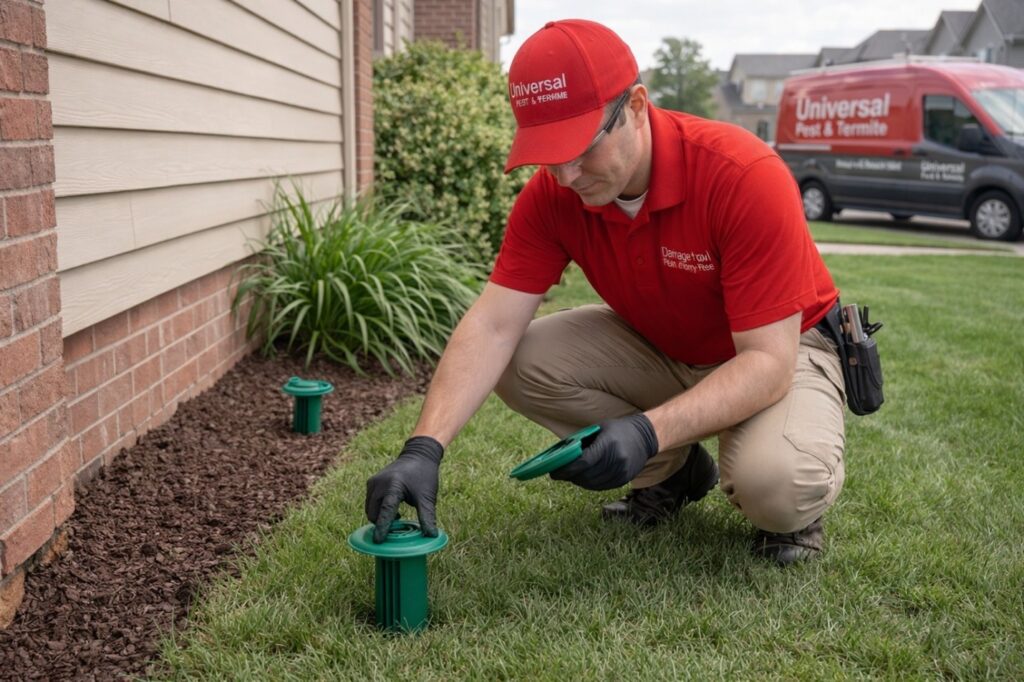 Universal Pest & Termite technician in a red uniform inspecting a Sentricon termite baiting station at a home in Norfolk, Virginia, to prevent summer termite swarms.