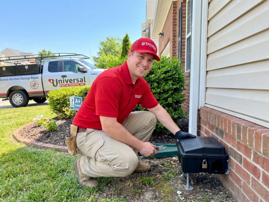 A friendly Universal Pest & Termite technician in a red uniform and khaki pants crouches next to a house foundation, smiling while actively inspecting and servicing a secure black rodent bait station. A service truck is visible in the background with "Termite Moisture Damage Repair" text and the company logo, illustrating professional, family-friendly pest control in a Hampton Roads residential neighborhood