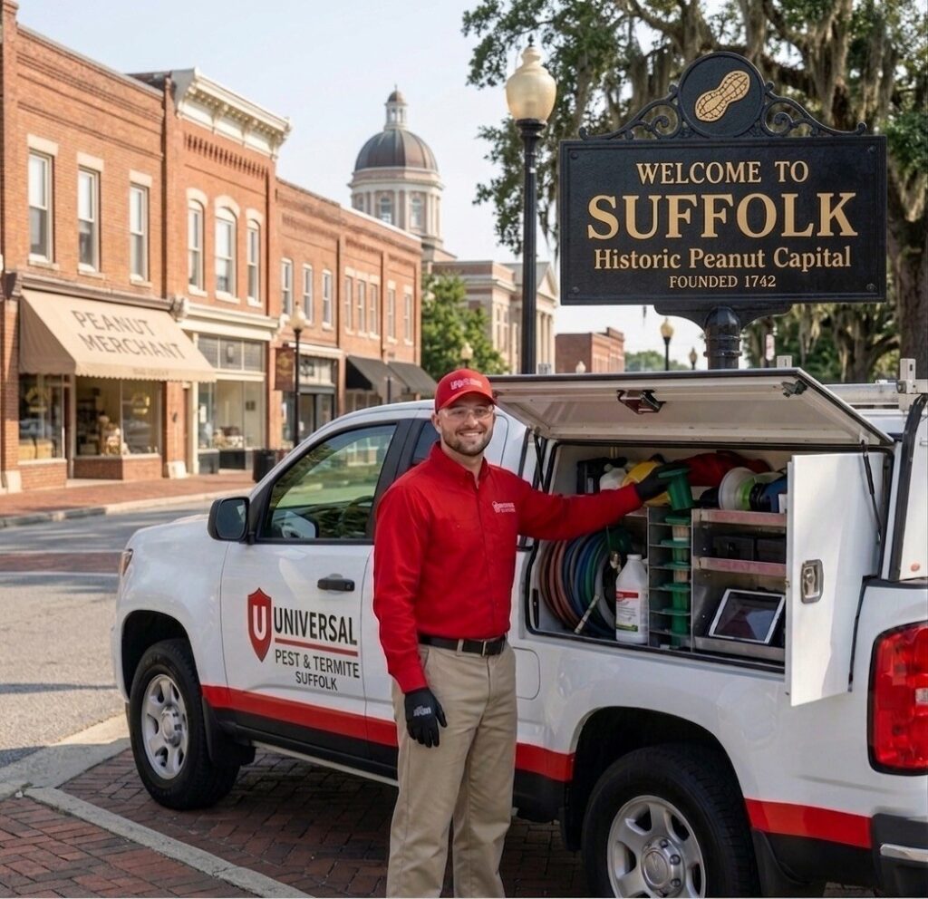 A friendly Universal Pest & Termite technician in a red uniform and safety gear stands beside a branded service truck in downtown Suffolk, Virginia. The truck’s utility bed is open, displaying professional pest control equipment. In the background, a "Welcome to Suffolk - Historic Peanut Capital" sign is visible alongside classic brick storefronts, including a "Peanut Merchant" shop and a historic domed building.