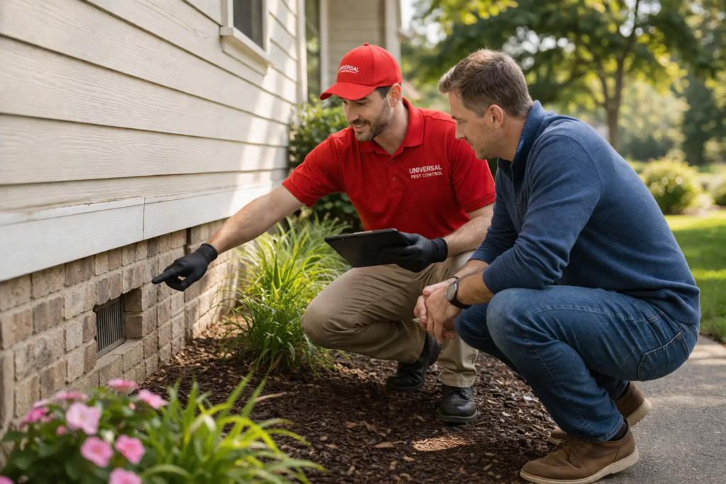 A professional Universal Pest Control technician in a red branded shirt and hat conducts a thorough exterior inspection for a Suffolk homeowner. The technician is crouched by the home's brick foundation, pointing toward a crawl space vent to explain findings while holding a tablet for digital documentation.