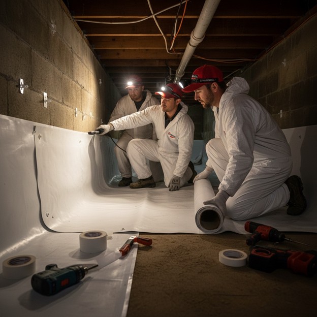 Universal Pest & Termite crawl space encapsulation team installing a white vapor barrier and termite-resistant foam board beneath a home in Hampton Roads to help control moisture, improve air quality, and protect against pests.