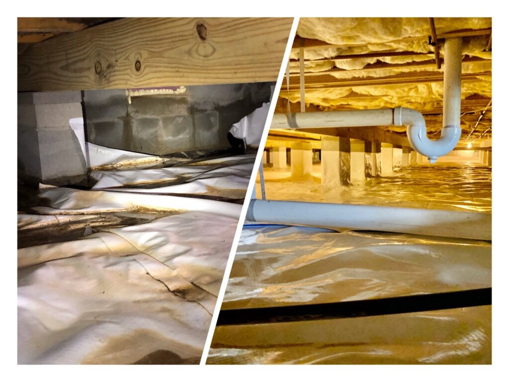 Before and after crawl space encapsulation in a Hampton Roads home showing exposed dirt, damaged insulation, and moisture issues transformed into a clean sealed crawl space with a white vapor barrier installed by Universal Pest & Termite