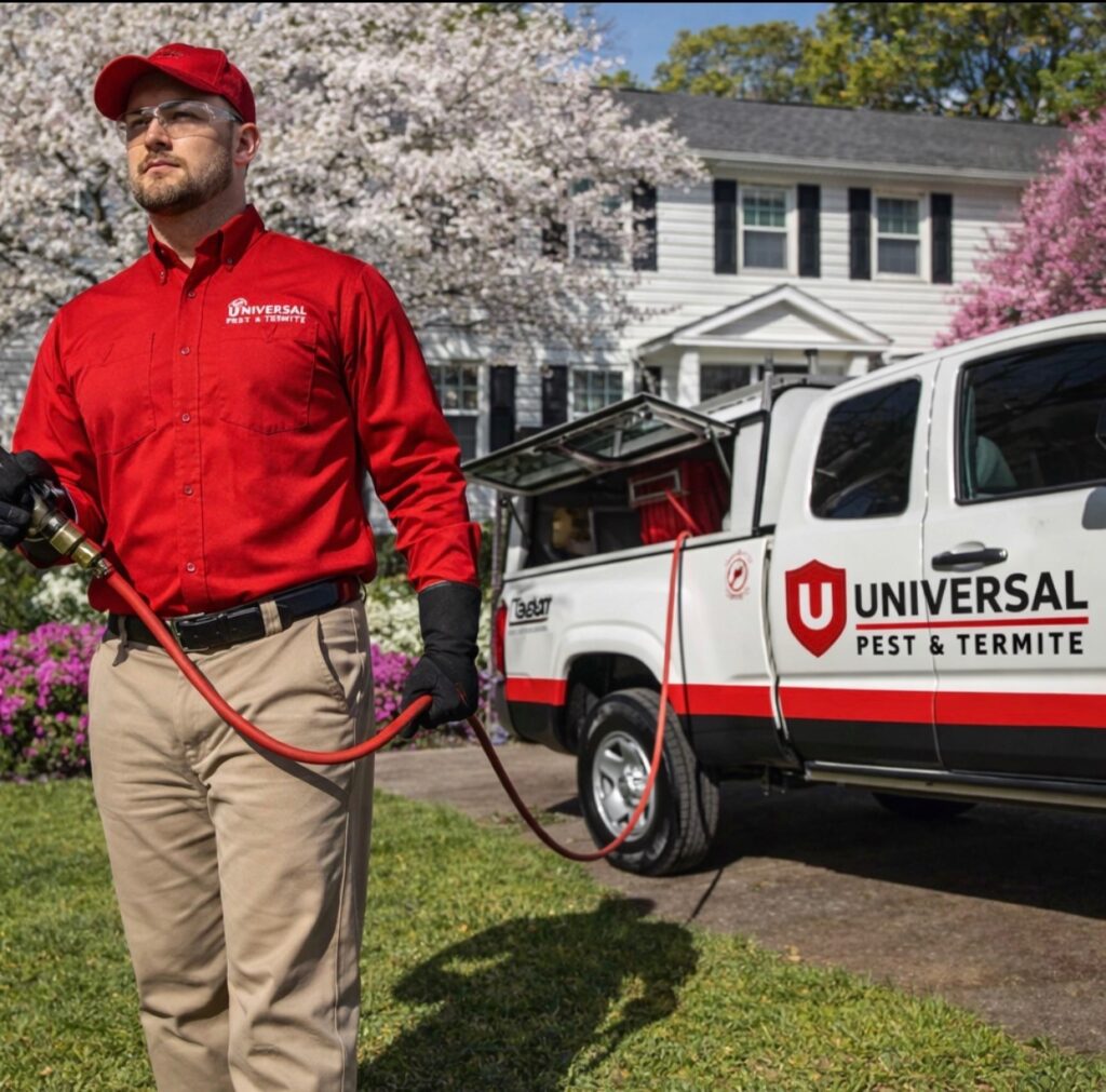 Universal Pest & Termite technician performing a professional termite treatment at a residence in Virginia Beach. Our Hampton Roads termite control services include forensic evaluations and Sentricon protection.