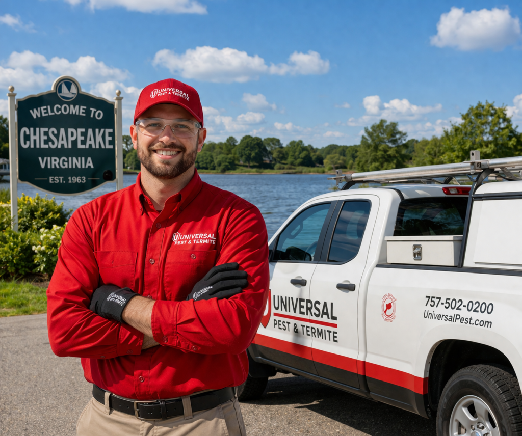Universal Pest & Termite dual-defense termite protection in Chesapeake: Sentricon baiting and liquid soil barrier treatments for heavy clay foundations.