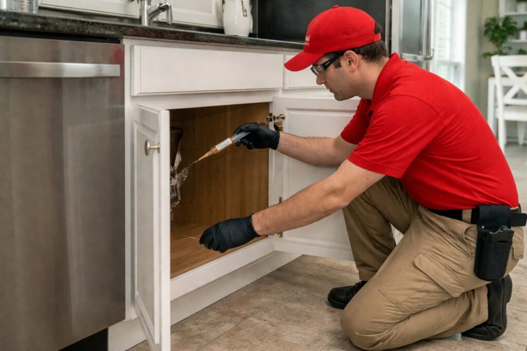 A Universal Pest & Termite professional in a red polo and khaki pants using a precision application tool to treat a kitchen wall void, targeting hidden cockroach nesting sites in a Hampton Roads home.