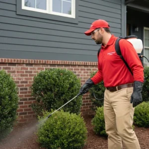 pest control spraying bushes with backpack sprayer