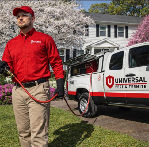 A professional Universal Pest & Termite technician in a red uniform and safety gear performing a termite treatment at a home in Hampton Roads. A branded service truck is parked in the driveway of a Virginia Beach residence during the spring swarming season.