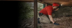 Inspector examining crawl space for pests