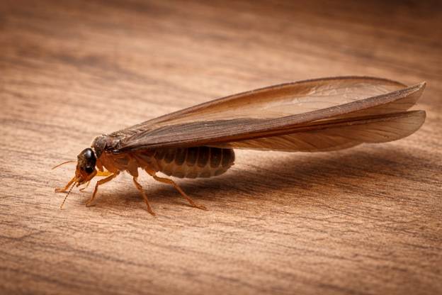Close-up identification of a subterranean termite swarmer on a wood surface, commonly seen during spring in Virginia Beach.