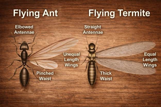 Educational identification guide showing key differences between a flying ant swarmer and a subterranean termite swarmer on a wooden background.