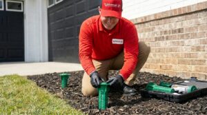 Pest control technician installs green yard bait stations