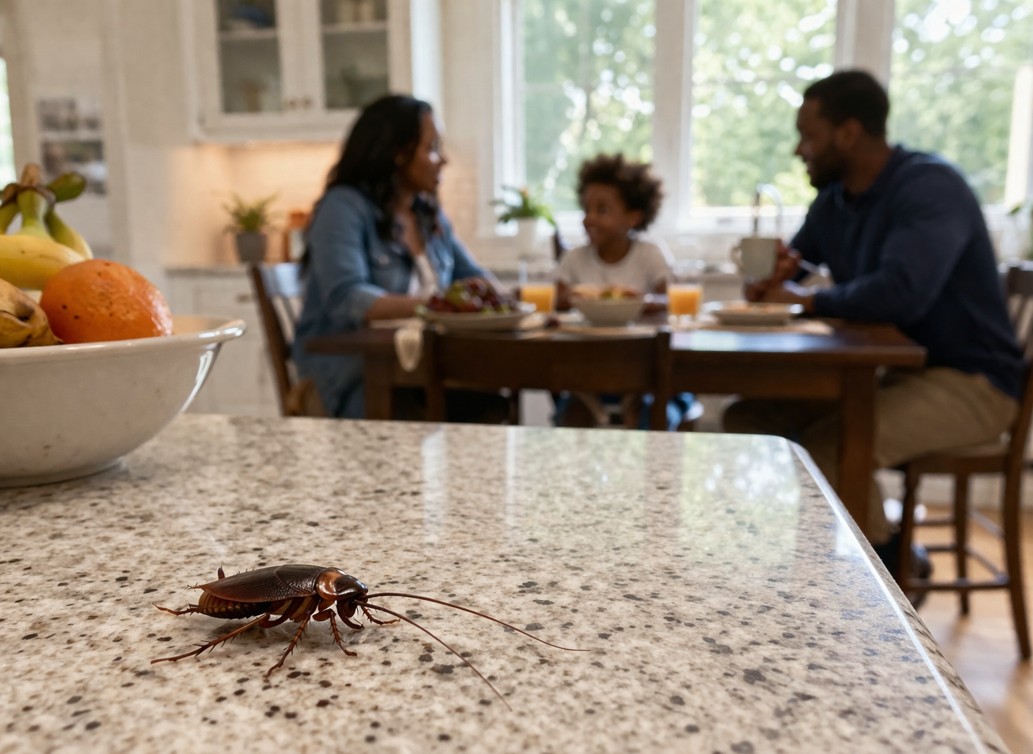 A cockroach crawling across a clean kitchen countertop in the foreground while a family sits together at the kitchen table in the background, highlighting the risk of hidden pest infestations inside the home.