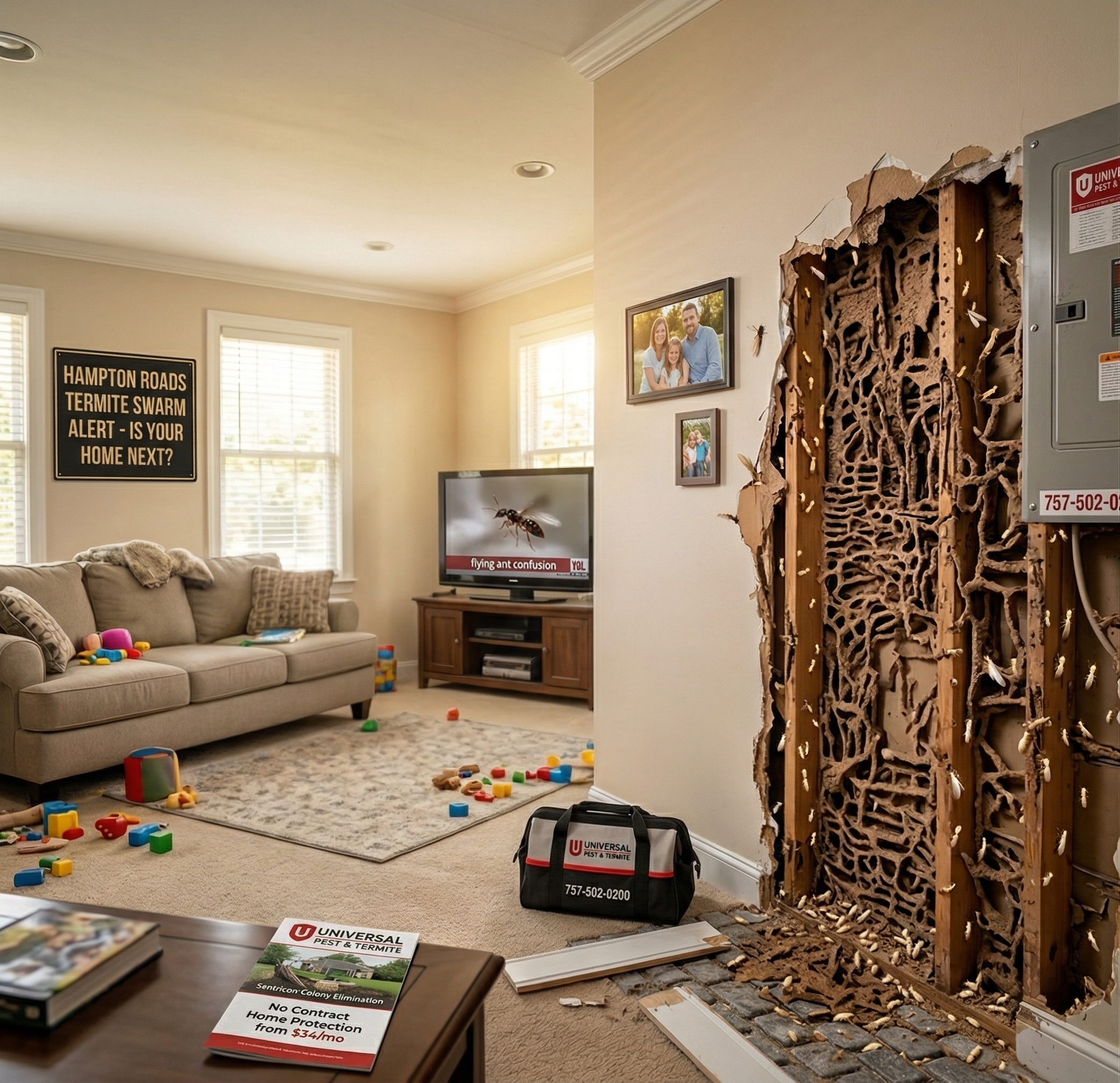 Hidden termite infestation revealed inside a living room wall, showing hollowed-out wood framing and a Universal Pest & Termite service bag, illustrating why annual termite evaluations are necessary.