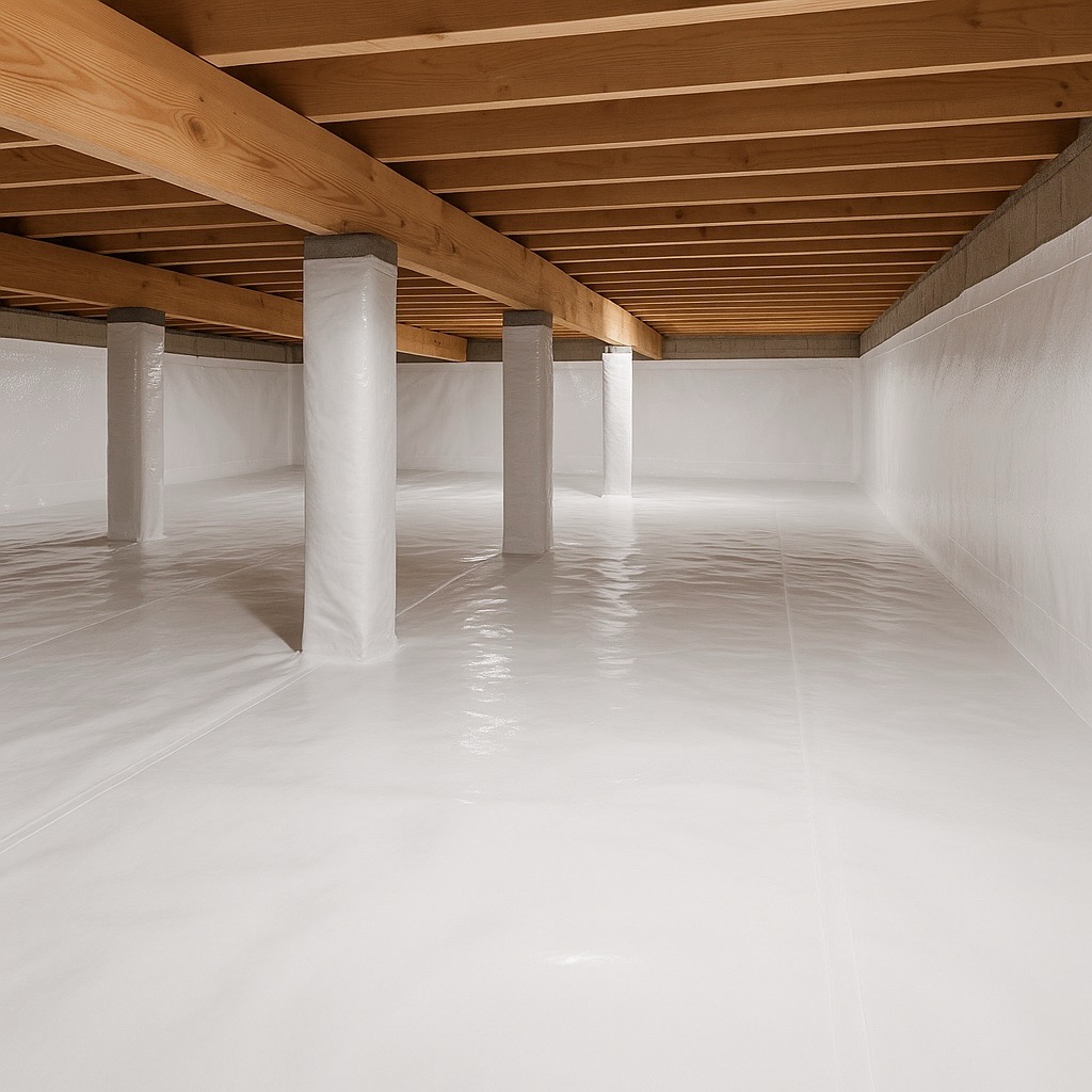 A professionally encapsulated crawlspace in Western Branch, Chesapeake, featuring a clean white 20-mil vapor barrier completely sealing the dirt floor, foundation walls, and support pillars below pristine wooden floor joists