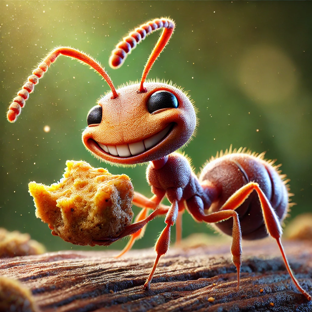 Cartoon ant smiling while eating food from a kitchen counter top in Virginia beach.