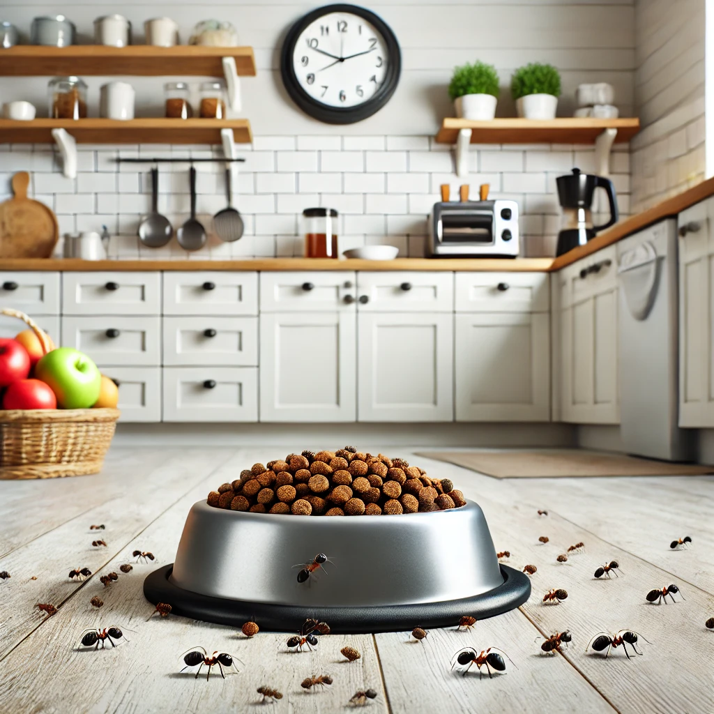 A silver dog food bowl overflowing with kibble on a kitchen floor, surrounded by a swarm of ants inside a home in the Green Run area of Virginia Beach