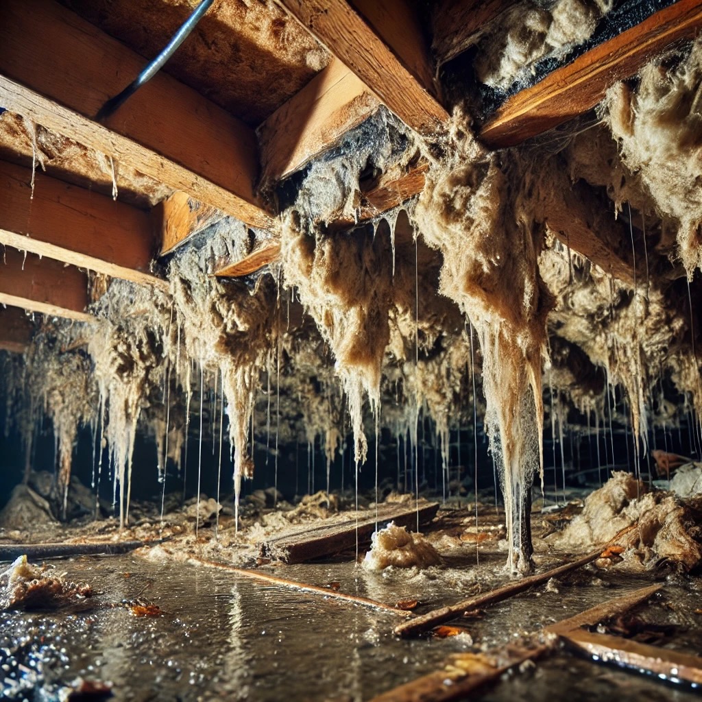 A severely flooded crawlspace in Las Gaviotas, Virginia Beach, featuring sagging, water-logged fiberglass insulation dripping with heavy moisture over standing ground water and exposed floor joists