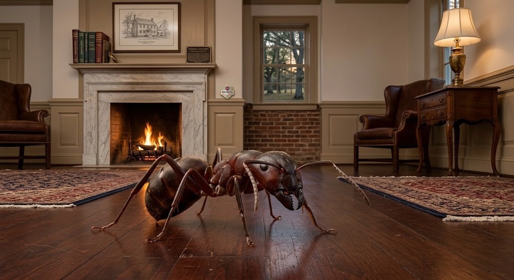 A massive, detailed carpenter ant crawling on hardwood flooring inside a historic, traditional living room with a fireplace in the Thoroughgood neighborhood of Virginia Beach.