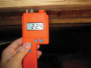 A hand holding an orange digital moisture meter against a wooden crawl space subfloor joist in Virginia Beach, displaying a high reading of 22.4%.