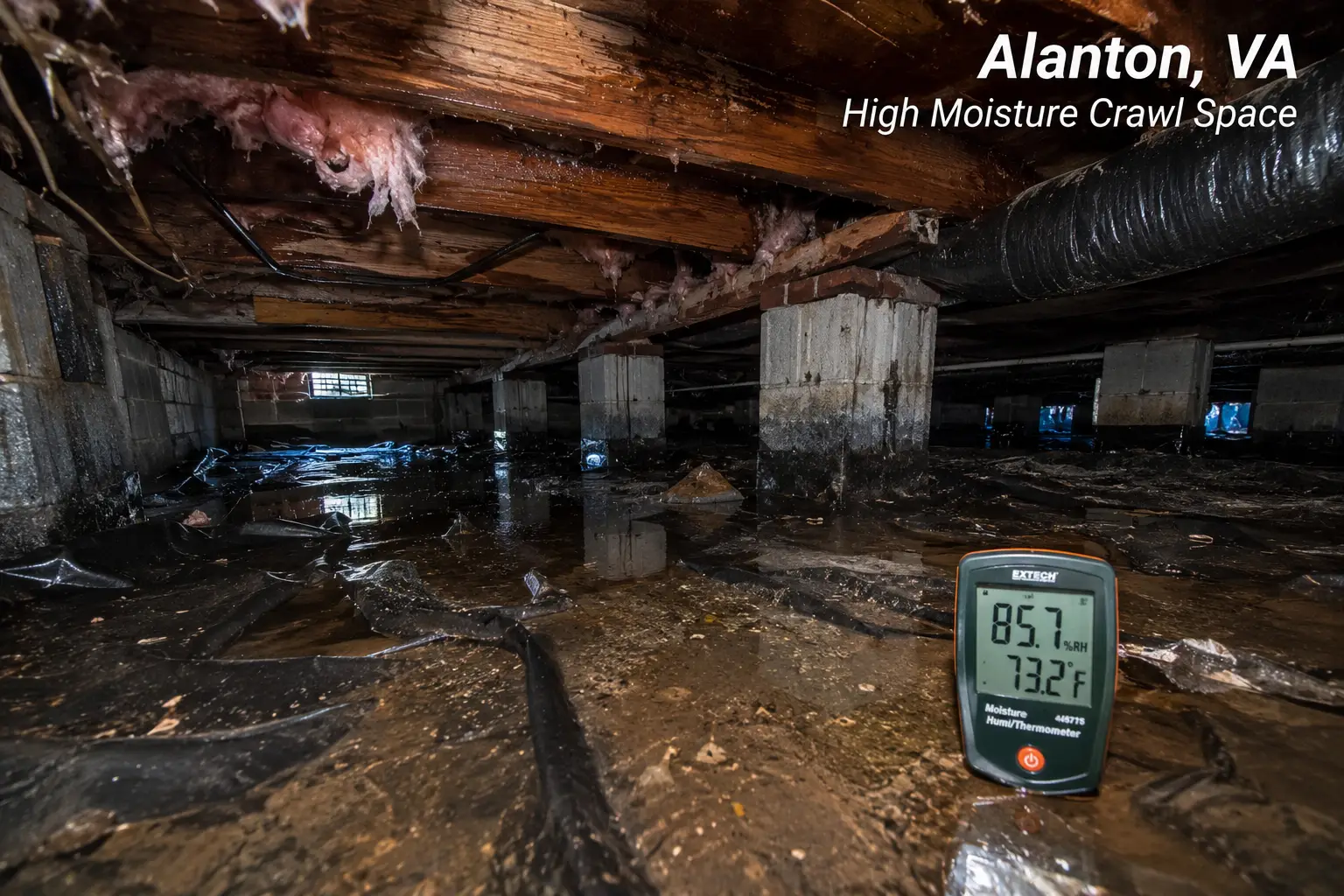 Water-saturated crawl space beneath a home in the Alanton neighborhood of Virginia Beach, showing standing water, wet foundation piers, damaged insulation, and elevated humidity levels. This image highlights severe crawl space moisture conditions that can contribute to wood rot, mold growth, structural damage, and termite activity in Hampton Roads homes.