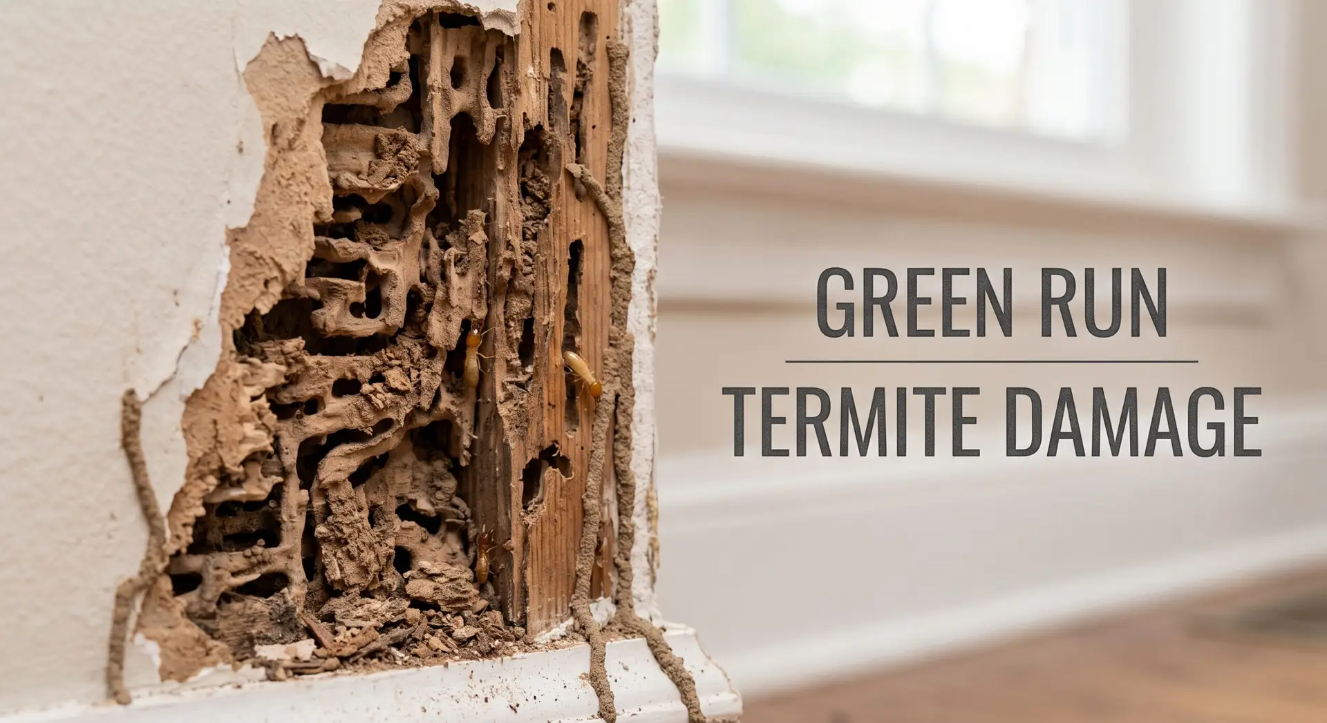 A detailed, close-up photograph capturing severe subterranean termite damage inside a home. On the left, a section of wall shows crumbling, tunnel-filled wood framing revealed behind peeling drywall. Distinct mud tubes traverse the damaged area, and small, live termites are visible within the galleries. The background on the right is softly blurred natural light. Integrated neatly on the right side, sleek gray text reads "GREEN RUN TERMITE DAMAGE," separated by a thin horizontal line.