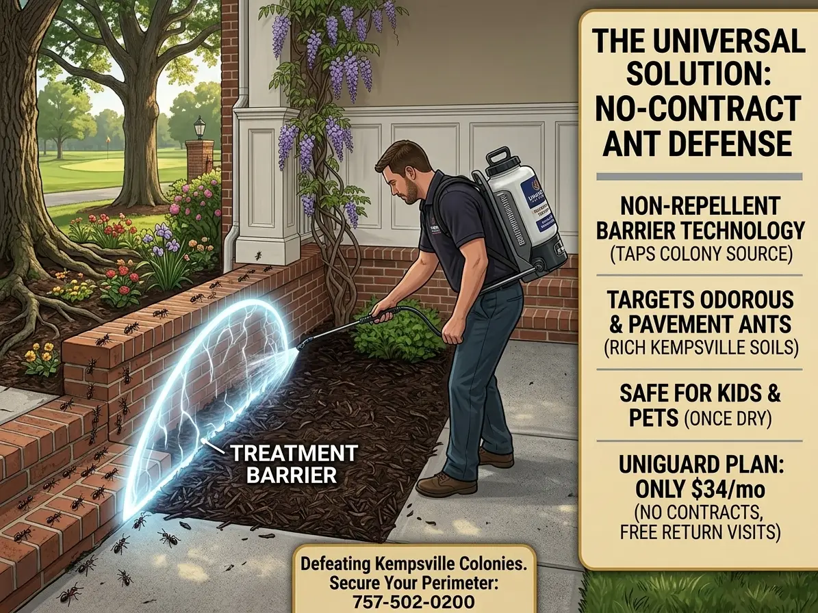 An exterior view of a technician treating thick landscaping mulch around the brick foundation of an established home in the Kempsville neighborhood of Virginia Beach to eliminate sugar ants.