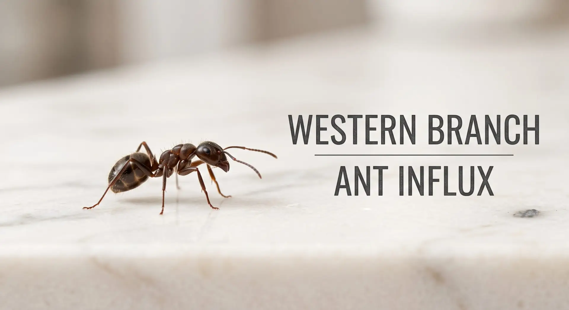 A crisp, close-up photograph of a single brown house ant walking across a bright, clean marble countertop. To the right of the ant, neat and modern gray text reads "WESTERN BRANCH ANT INFLUX" separated by a thin horizontal line. The background is softly blurred, keeping the focus entirely on the ant and the clean title text.