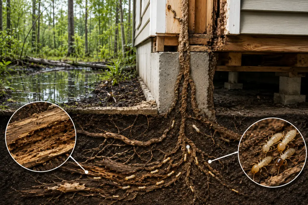 Subterranean termite colony damaging residential foundation and wooden framing in Great Bridge East